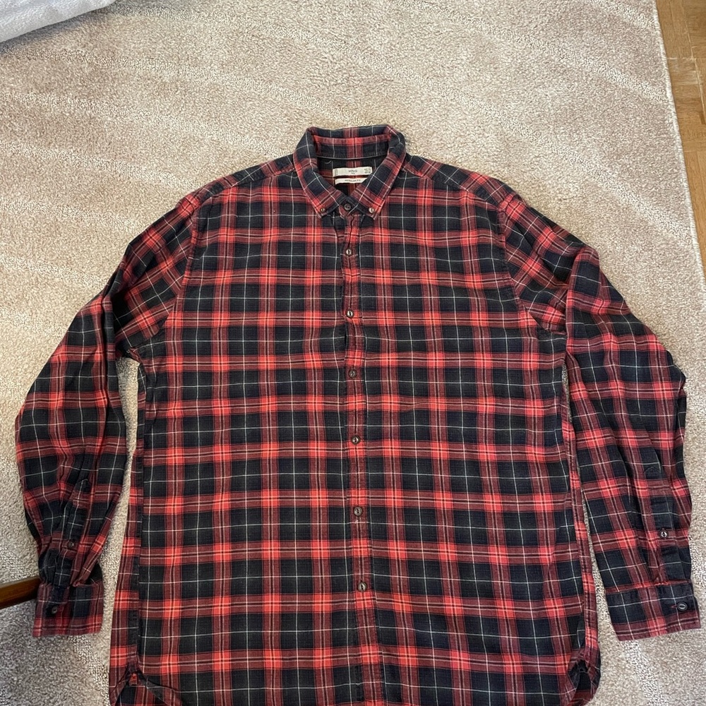 MANGO Men's Red and Black Plaid Shirt